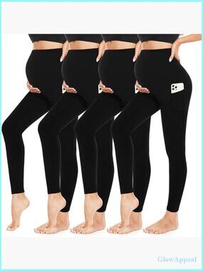 4-Pack Maternity Leggings with Pockets Over Belly Butt Lift Yoga Workout Pants